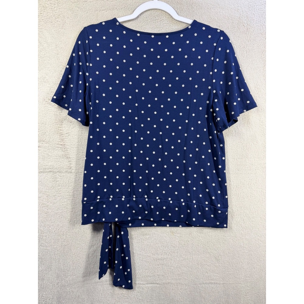 Talbots Polka Dot Top Women Petites MP Blue Short Sleeve Side Tie Soft Knit - Picture 2 of 7